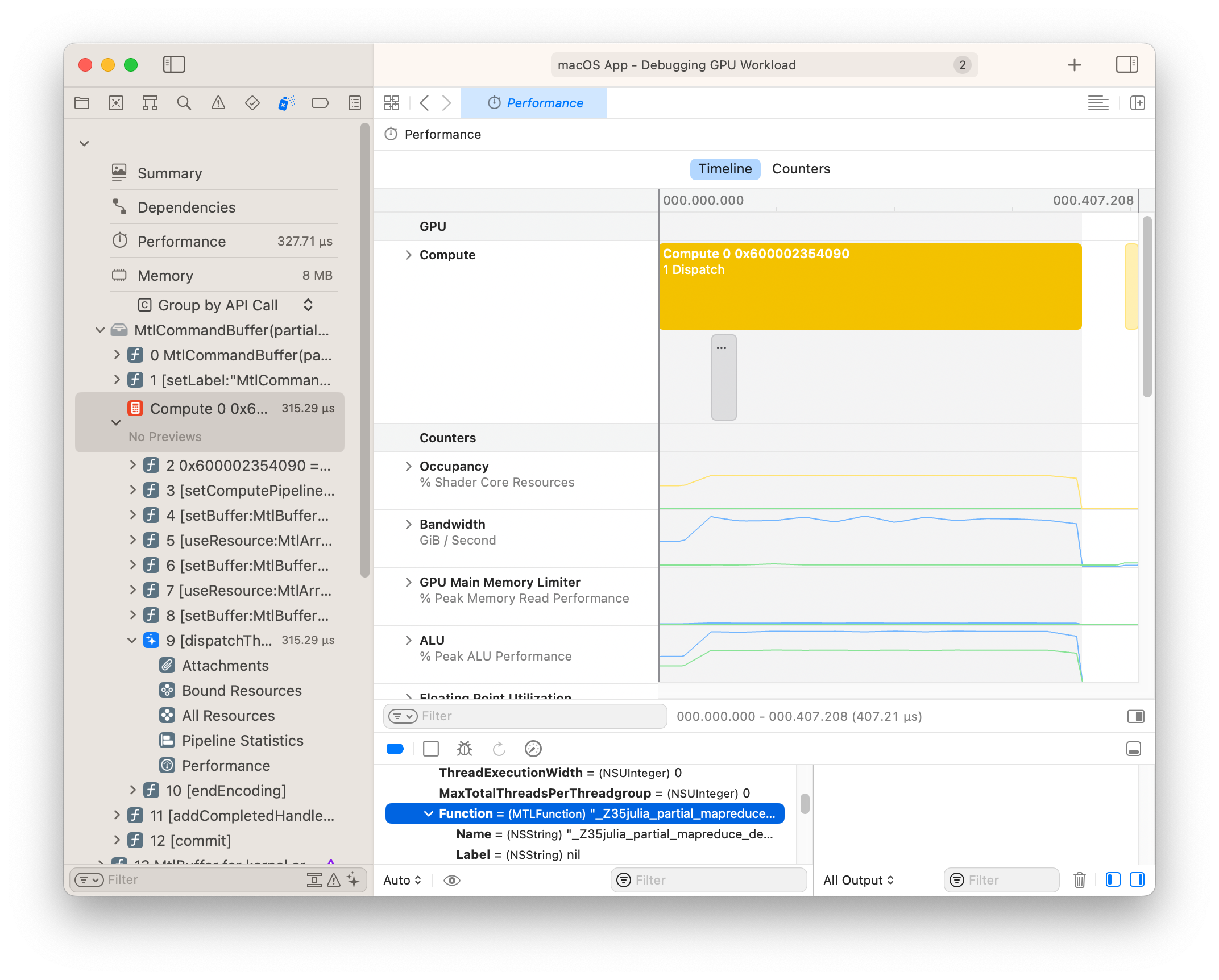 XCode viewing a Metal.jl capture trace